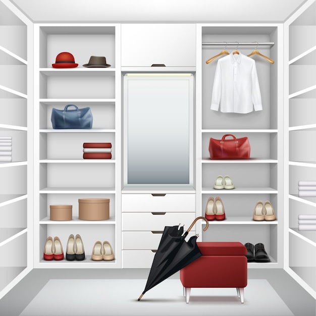 Вектор белый пустой гардероб с коробками, зеркало, красный пуф, рубашка, шляпы, сумки, обувь и черный вид спереди зонтик