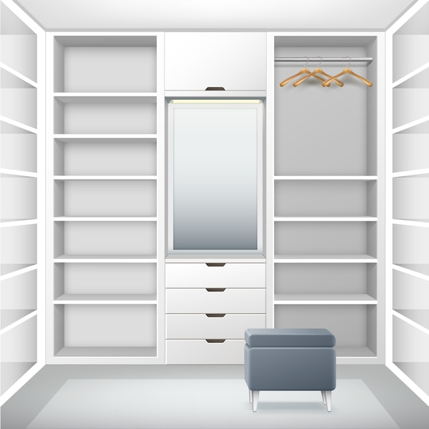 棚、引き出し、ハンガー、鏡、灰色のプーフ正面図とベクトルの白い空のクローク