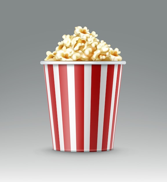 Free vector vector white and red striped bucket of popcorn kernels close up side view isolated on gray background