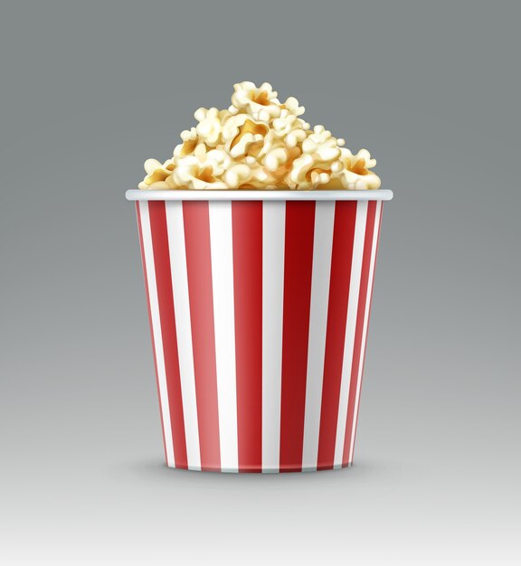 Vector white and red striped bucket of popcorn kernels close up side view isolated on gray background