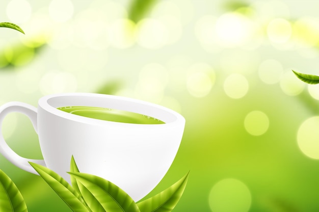 Free vector vector white tea cup with the leaves on green