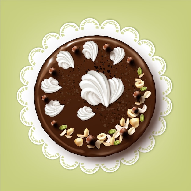 Vector whole chocolate puff cake with icing, whipped cream and nuts on white lace napkin top view isolated