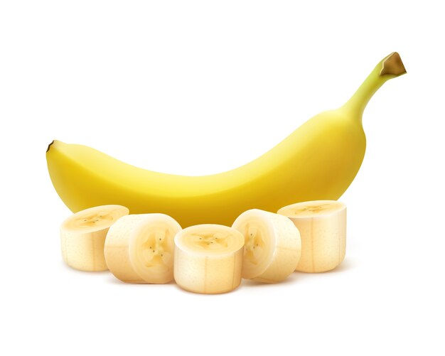 벡터 전체 및 잘게 잘린 잘 익은 노란 바나나 흰색 배경에 고립