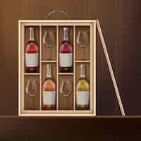 Free vector vector wine bottles and wine glasses inside wooden box on shelf. front view