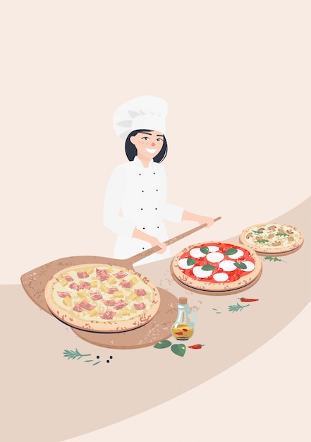 Vector woman cook and italian pizzas