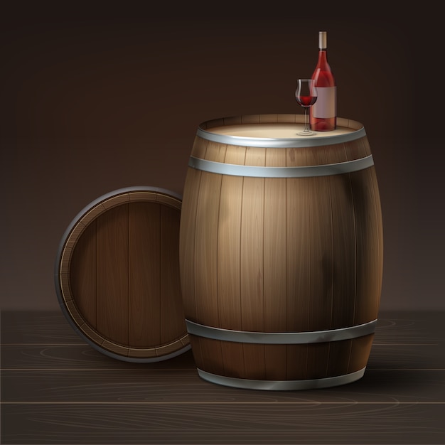 Free vector vector wooden barrels of grapes wine with bottle and glass isolated on brown background