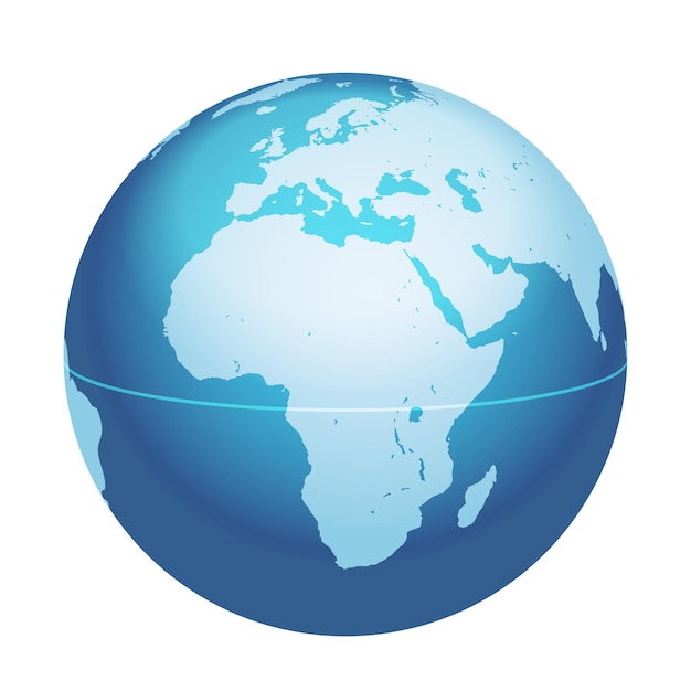 Векторная карта мира глобус Африка Средиземное море Аравийский полуостров по центру карта Голубая планета сфера значок, изолированные на белом фоне