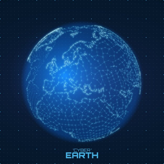 Векторная карта мира построена из чисел и линий. Абстрактная иллюстрация соединений земного шара. Футуристическая сферическая карта. Европа в центре. Концепция технологической планеты. Международная передача данных