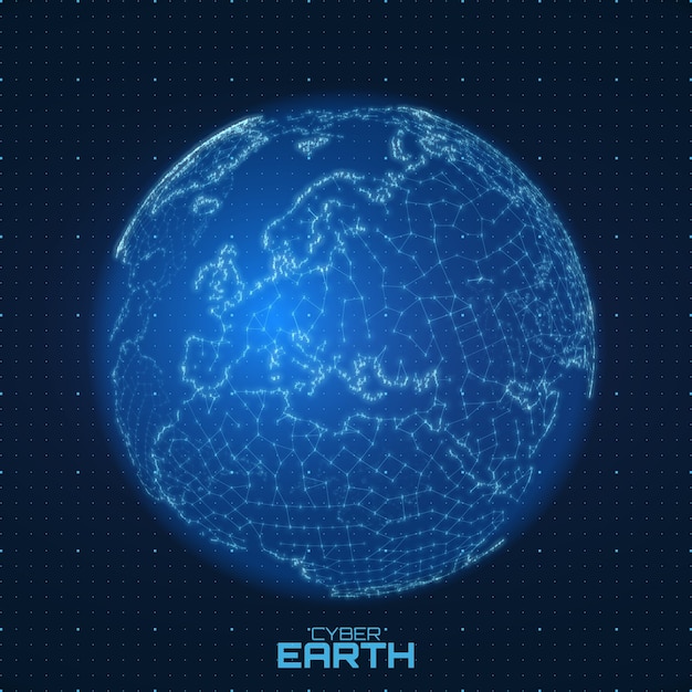 無料ベクター 数字と線で構成されたベクトル世界地図。抽象的な地球の接続の図。未来の球形マップ。ヨーロッパ中心。技術的な惑星の概念。国際データ通信