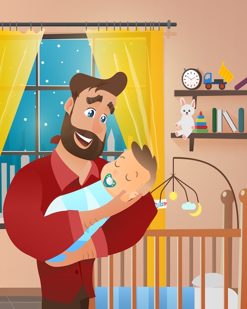 Vector Young Bearded Man Holding Newborn Baby
