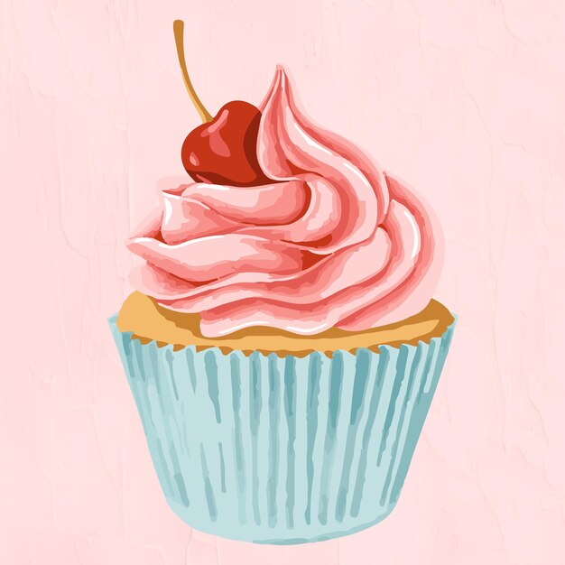 Vectorized cupcake topped with maraschino cherry sticker overlay