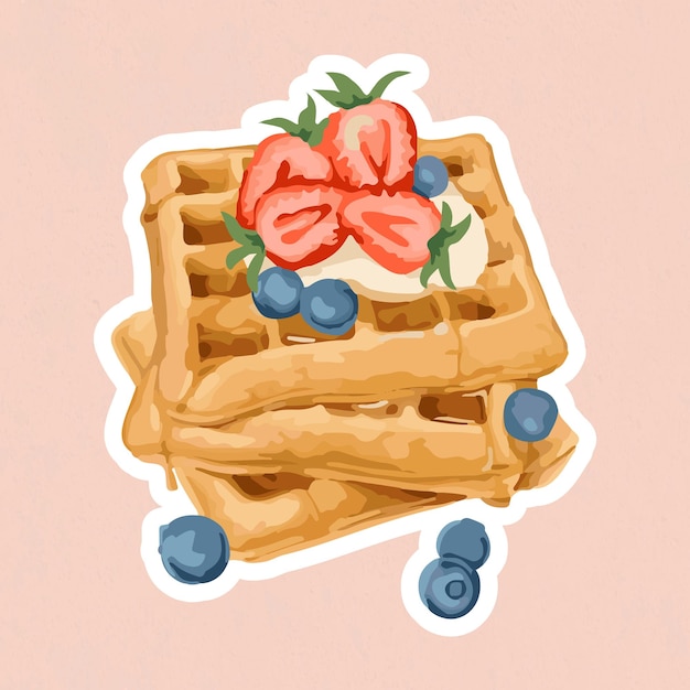 Free vector vectorized waffles topped with berries sticker overlay with a white border on a pink background