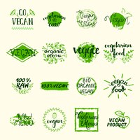 Vegan elements set of green labels logos and signs in retro style