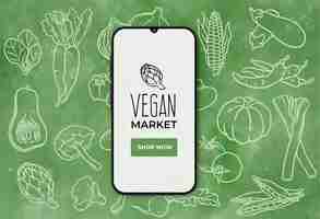 Free vector vegan food market banner with smarthphone