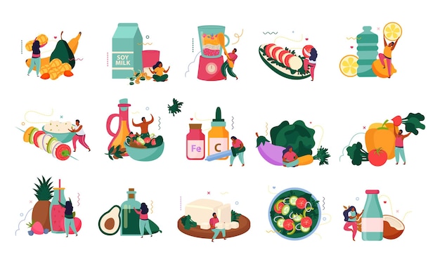 Vegan food recolor set with isolated icons of organic plant products nutritional supplements drinks and people vector illustration