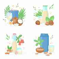 Free vector vegan milk 2x2 set of four isolated compositions with flat images of grain milk bottles plants vector illustration