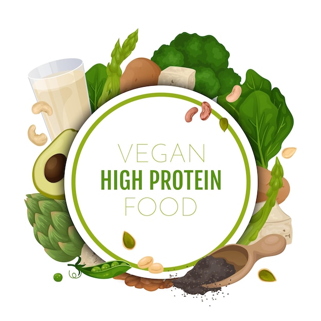 Free vector vegan protein food frame composition with editable text in circle surrounded by salad grits and beans vector illustration