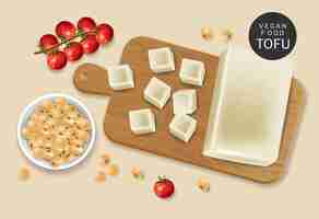 Vettore gratuito vettore di formaggio tofu vegano realistico. fagioli di soia e pomodorini 3d illustrazioni dettagliate