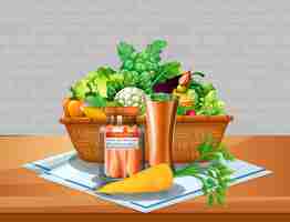 Бесплатное векторное изображение Овощи и фрукты в корзине на столе на фоне кирпичной стены