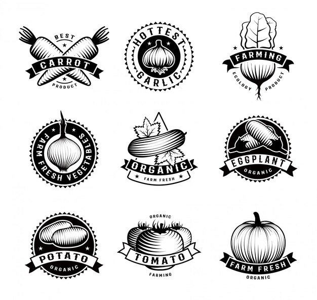 Бесплатное векторное изображение Овощные эмблемы, изолированные набор