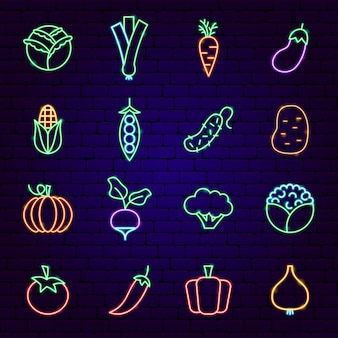 Овощные неоновые иконки. векторная иллюстрация продвижения здорового питания.