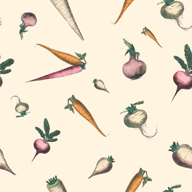 Vegetable seamless pattern root and tuber crops art print, remix from artworks by by Marcius Willson and N.A. Calkins