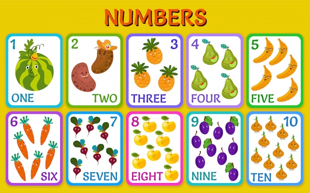 野菜​と​果物​。​数字付き​の​カード​。