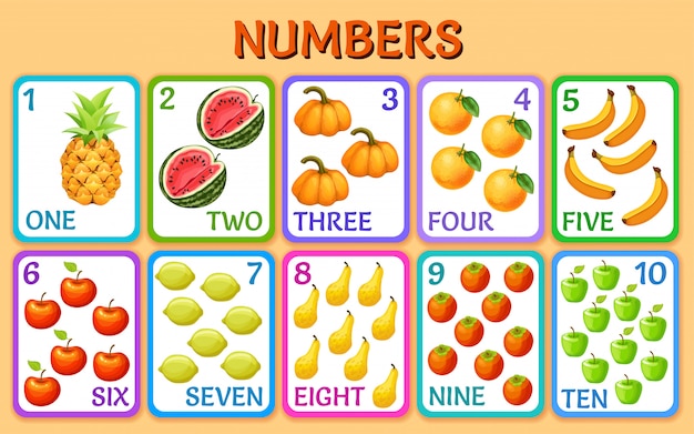 Бесплатное векторное изображение Овощи и фрукты. номера детских карточек.