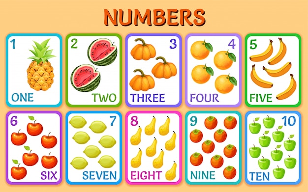 Vegetables and fruits. children cards numbers.