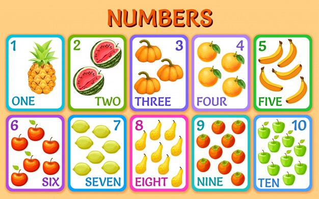 Vegetables and fruits. Children cards numbers.