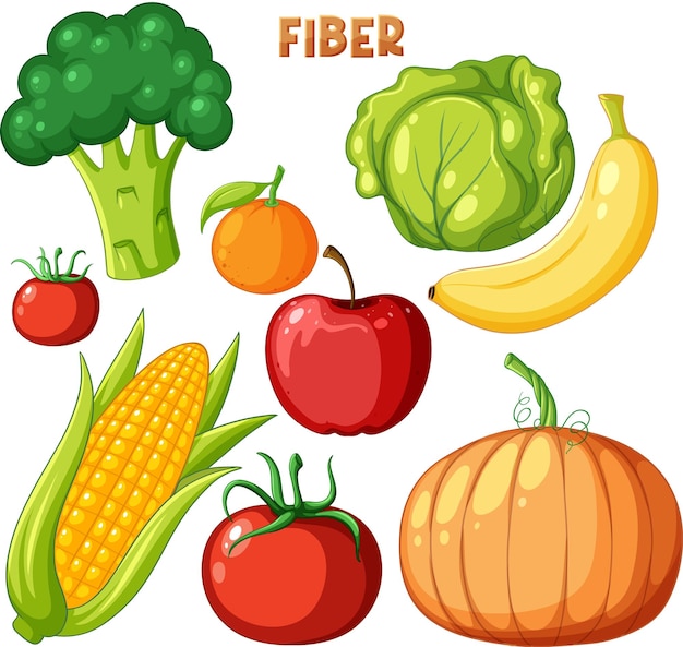 Vettore gratuito gruppo di alimenti ricchi di fibre di frutta e verdura