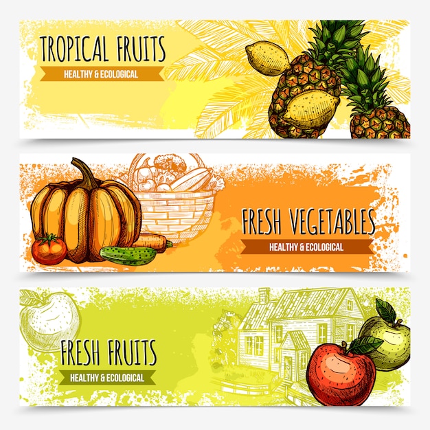 Free vector vegetables and fruits horizontal banners