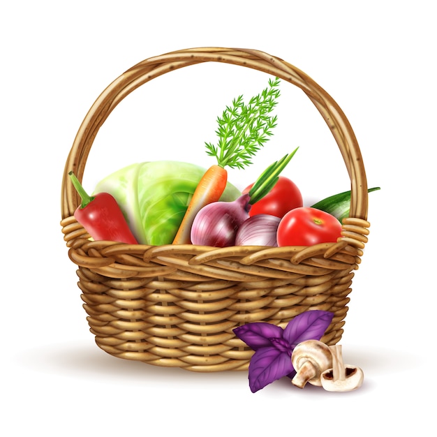 Vegetables harvest wicker basket realistic image