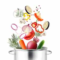 Free vector vegetables and pot realistic concept with ingredients and cooking symbols vector illustration