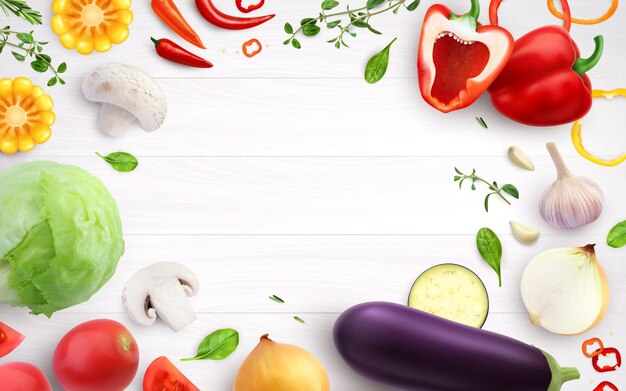 vegetables realistic frame composition with empty wooden background surrounded by isolated images of vegetable pieces slices vector illustration