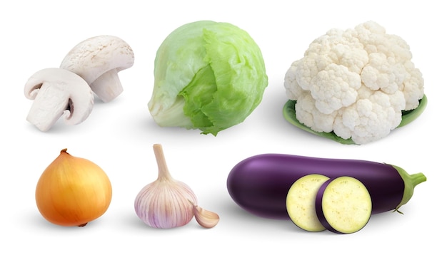 Free vector vegetables set of isolated images with mushrooms onion garlic lettuce cauliflower and cabbage on blank background vector illustration