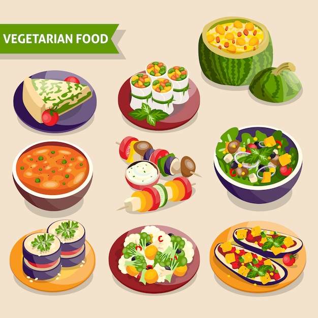 Бесплатное векторное изображение Набор вегетарианских блюд