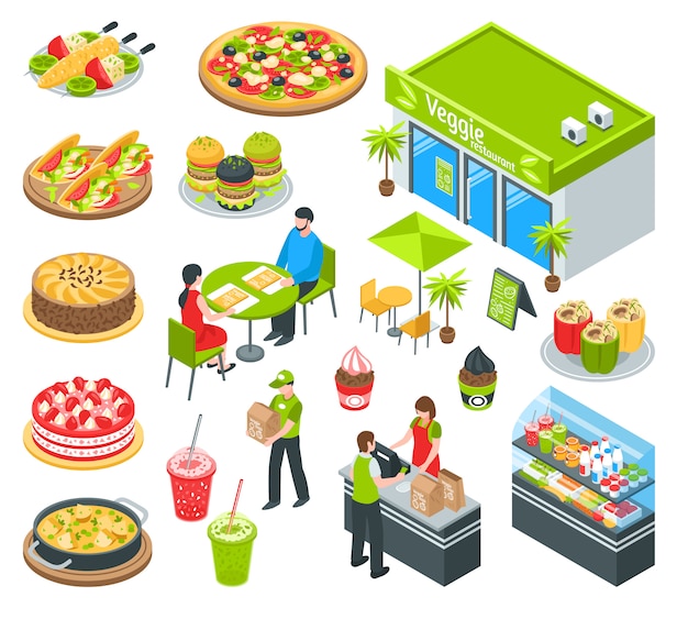 Free vector vegetarian healthy cafe isometric set