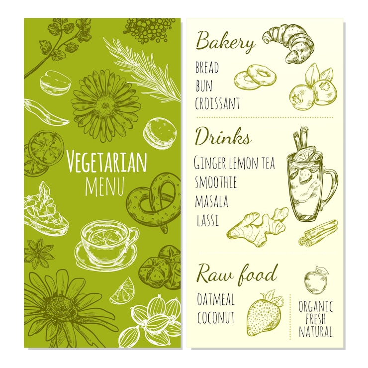 Free Vector vegetarian menu sketch template with natural food healthy beverages and fresh organic fruits