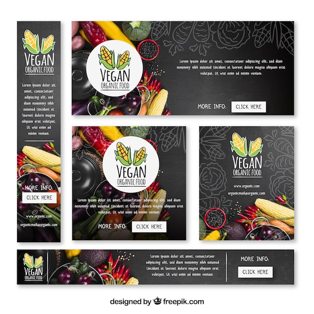 Raccolta di banner web ristorante vegeteriano con foto