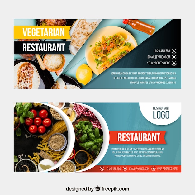 Raccolta di banner web ristorante vegeteriano con foto