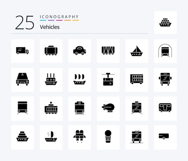 Vettore gratuito veicoli 25 pacchetto di icone solid glyph che include veicoli della metropolitana veicoli nave barca