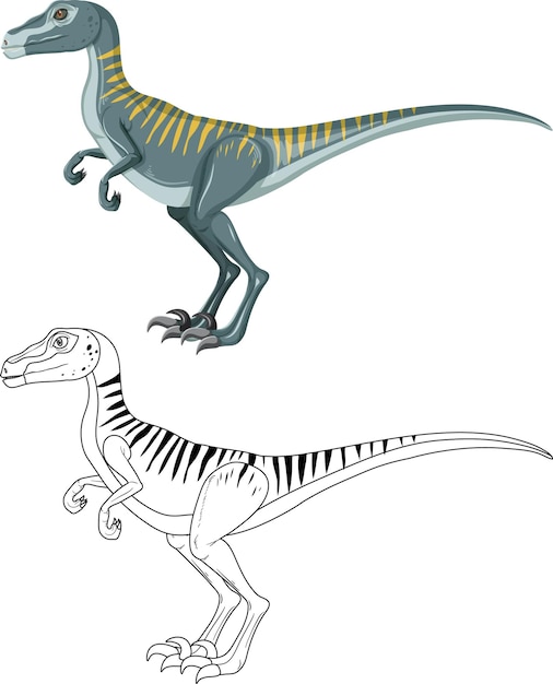 Dinosauro velociraptor con il suo contorno scarabocchio su sfondo bianco