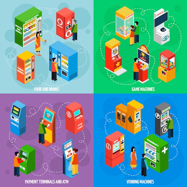 Бесплатное векторное изображение Торговые автоматы изометрические иконы площадь