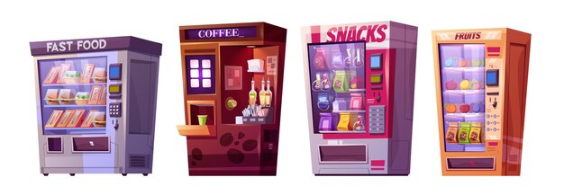 Vending machine with snack and drink illustration icon Fruit coffee sandwich and juice dispenser for bar or parking Convenience device to sell healthy product from slot clipart set graphic design