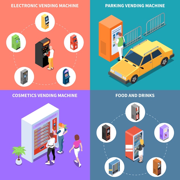 無料ベクター 自動販売機の化粧品の食べ物や飲み物の駐車場サービス等尺性デザインコンセプト分離ベクトルイラスト