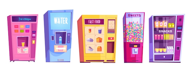 Vending machines with snacks, fast food, water, ice cream and sweets. cartoon set of automatic vendor machines for sale food, candies and drinks isolated on white background