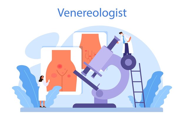 Venereologist 개념 피부과 질병 성병 및 감염의 전문 진단 만화 스타일의 Dermatovenerology 벡터 일러스트 레이 션