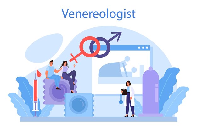 Venereologist concept Professional diagnostic of dermatology disease sexually transmitted diseases and infection Dermatovenerology Vector illustration in cartoon style