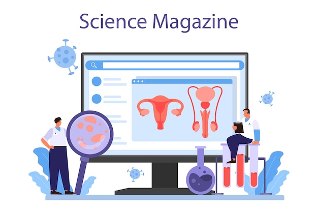 Venereologist 온라인 서비스 또는 플랫폼 피부과 성병의 전문 진단 온라인 과학 잡지 벡터 평면 그림